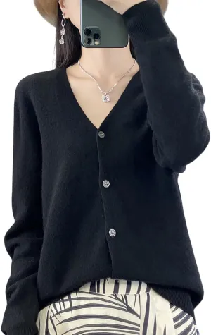 100% Merino Wool Sweaters Women's Fall Winter Female Cardigan V-Neck Sexy Knitted Long Sleeves New Simple(015)