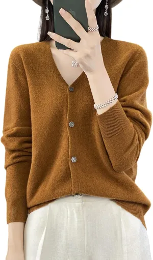100% Merino Wool Sweaters Women's Fall Winter Female Cardigan V-Neck Sexy Knitted Long Sleeves New Simple(015)