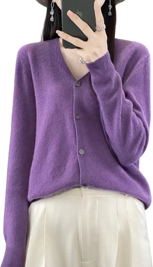 100% Merino Wool Sweaters Women's Fall Winter Female Cardigan V-Neck Sexy Knitted Long Sleeves New Simple(015)