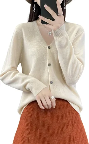 100% Merino Wool Sweaters Women's Fall Winter Female Cardigan V-Neck Sexy Knitted Long Sleeves New Simple(015)