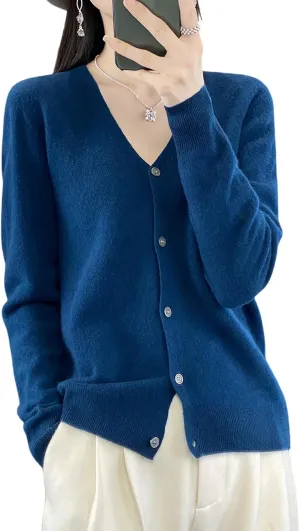 100% Merino Wool Sweaters Women's Fall Winter Female Cardigan V-Neck Sexy Knitted Long Sleeves New Simple(015)