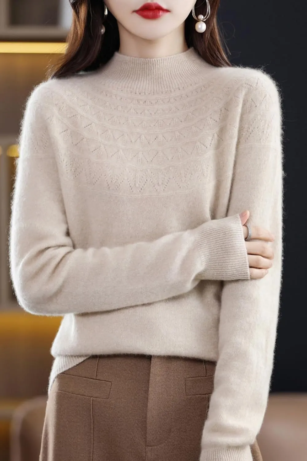 100% Merino Wool Sweaters Women's Fall Winter Warm Soft Knitted Loose Pullover Turtleneck Long Sleeves