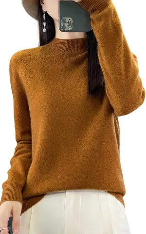 100% Merino Wool Sweaters Women's Fall Winter Warm Soft Knitted Loose Pullover Turtleneck Long Sleeves