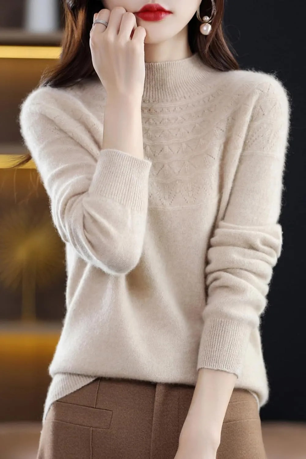 100% Merino Wool Sweaters Women's Fall Winter Warm Soft Knitted Loose Pullover Turtleneck Long Sleeves