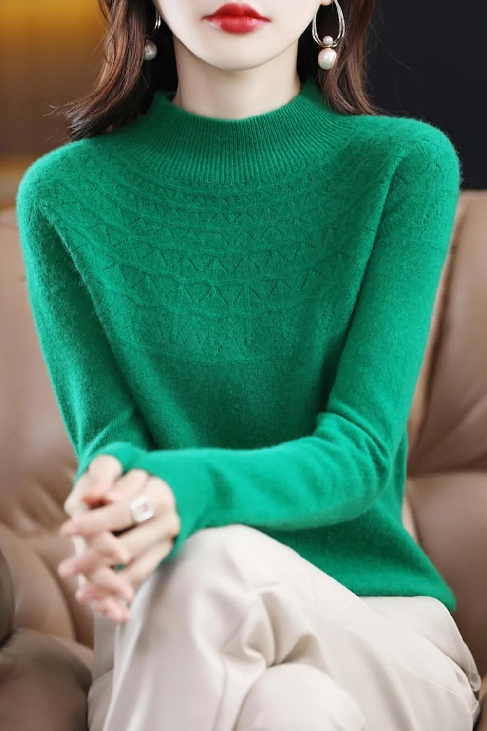 100% Merino Wool Sweaters Women's Fall Winter Warm Soft Knitted Loose Pullover Turtleneck Long Sleeves