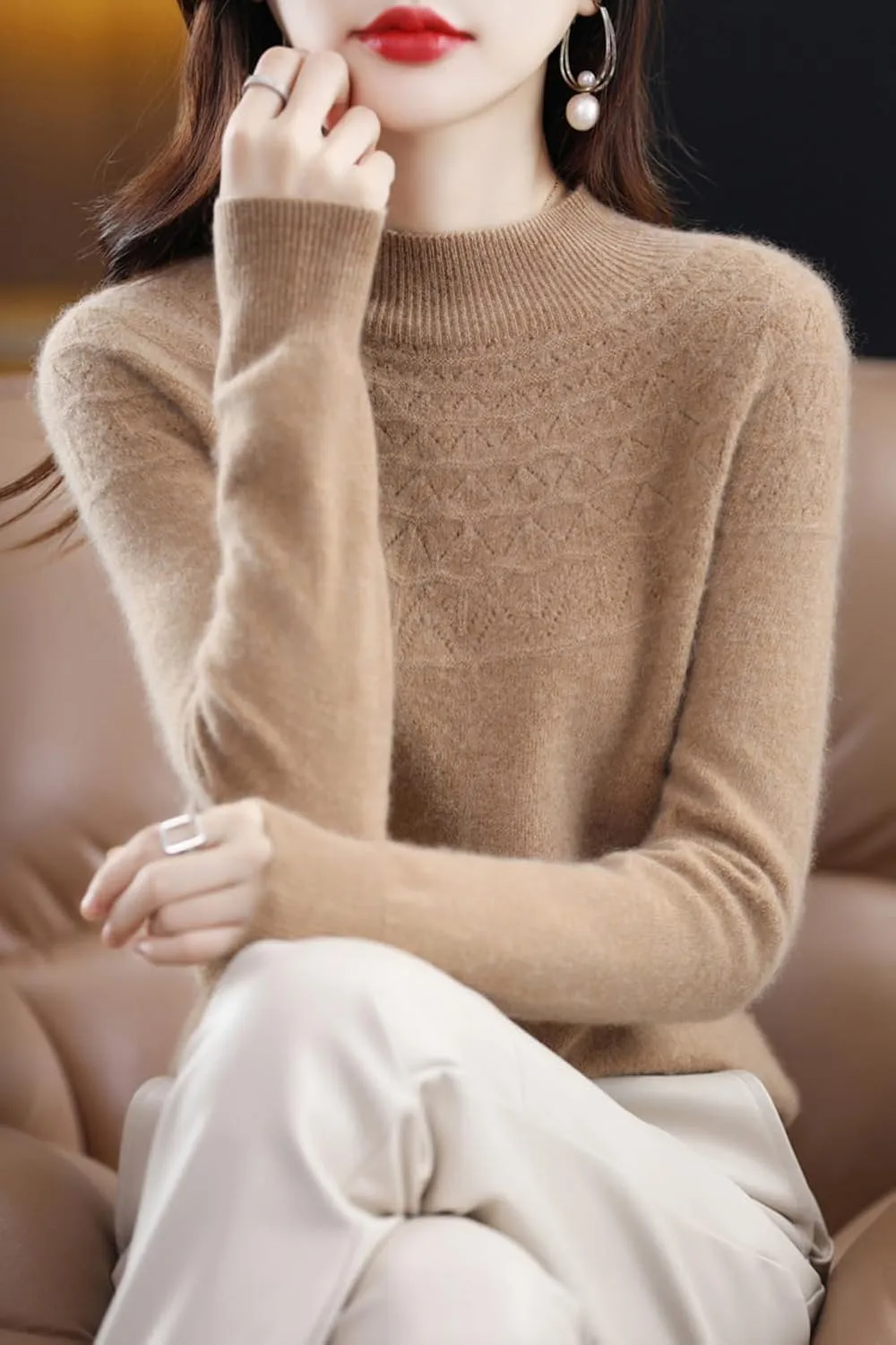100% Merino Wool Sweaters Women's Fall Winter Warm Soft Knitted Loose Pullover Turtleneck Long Sleeves