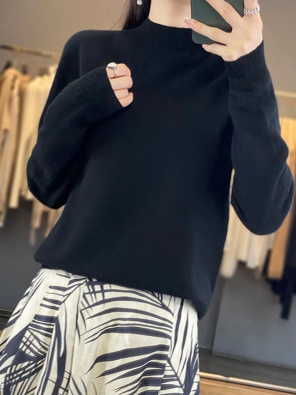 100% Merino Wool Sweaters Women's Fall Winter Warm Soft Knitted Loose Pullover Turtleneck Long Sleeves