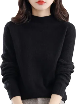 100% Merino Wool Sweaters Women's Fall Winter Warm Soft Knitted Loose Pullover Turtleneck Long Sleeves