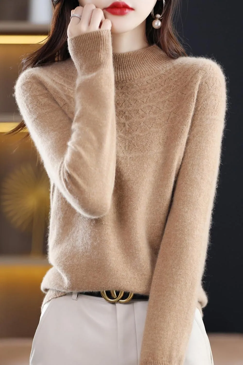 100% Merino Wool Sweaters Women's Fall Winter Warm Soft Knitted Loose Pullover Turtleneck Long Sleeves