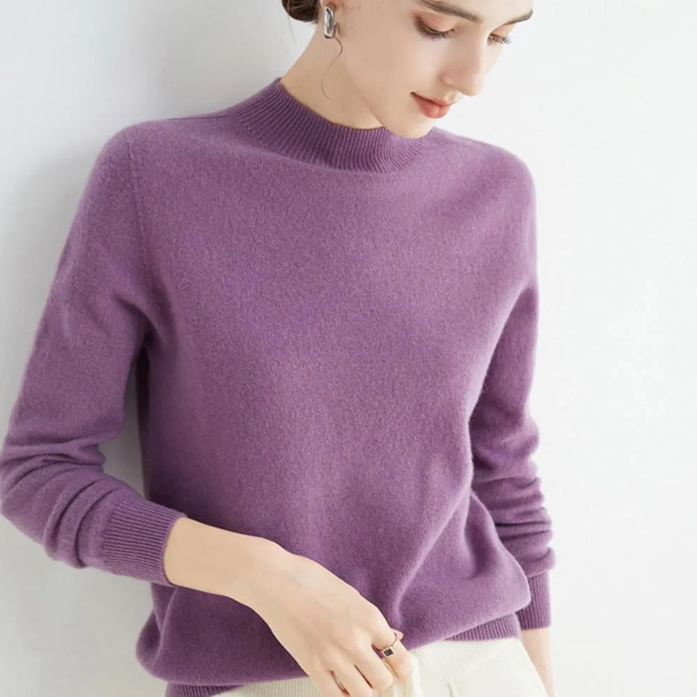 100% Merino Wool Sweaters Women's Fall Winter Warm Soft Knitted Loose Pullover Turtleneck Long Sleeves