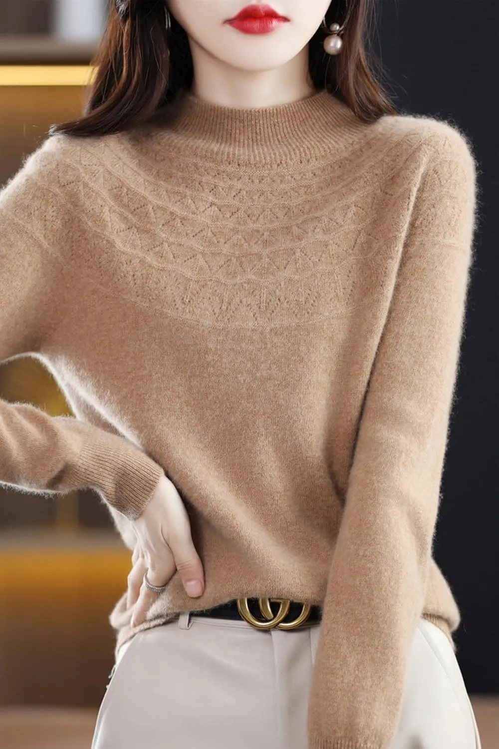 100% Merino Wool Sweaters Women's Fall Winter Warm Soft Knitted Loose Pullover Turtleneck Long Sleeves