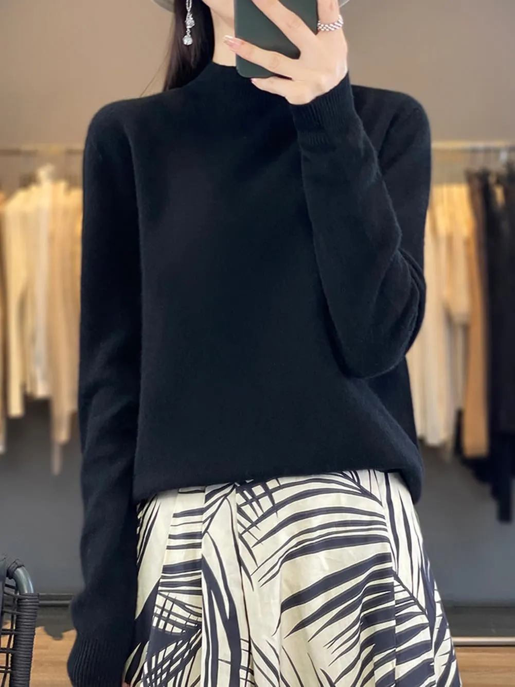 100% Merino Wool Sweaters Women's Fall Winter Warm Soft Knitted Loose Pullover Turtleneck Long Sleeves