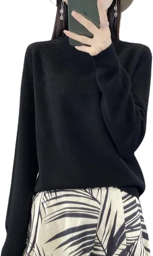 100% Merino Wool Sweaters Women's Fall Winter Warm Soft Knitted Loose Pullover Turtleneck Long Sleeves