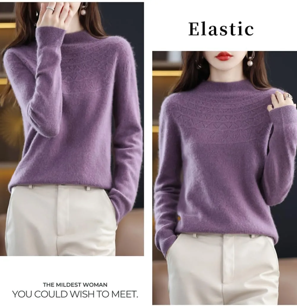 100% Merino Wool Sweaters Women's Fall Winter Warm Soft Knitted Loose Pullover Turtleneck Long Sleeves