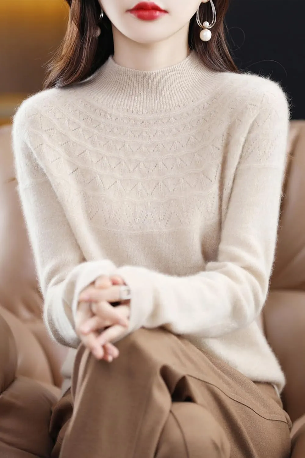 100% Merino Wool Sweaters Women's Fall Winter Warm Soft Knitted Loose Pullover Turtleneck Long Sleeves