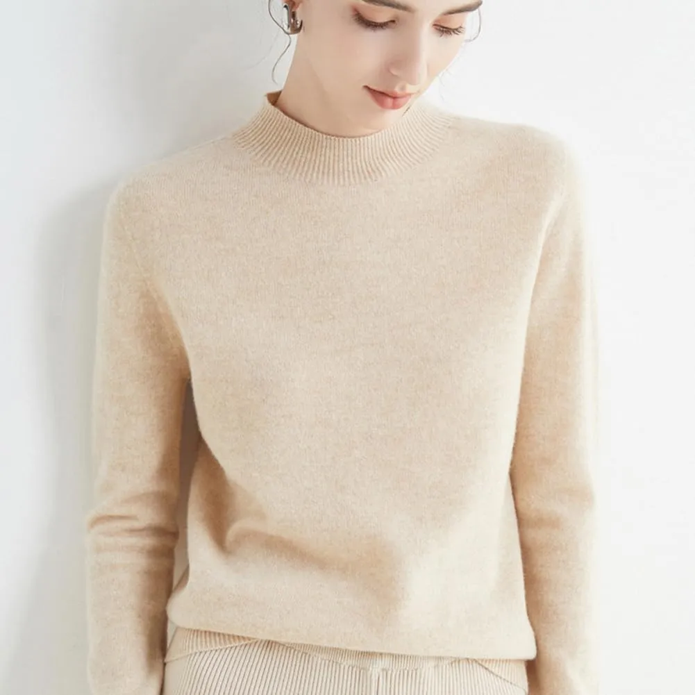 100% Merino Wool Sweaters Women's Fall Winter Warm Soft Knitted Loose Pullover Turtleneck Long Sleeves