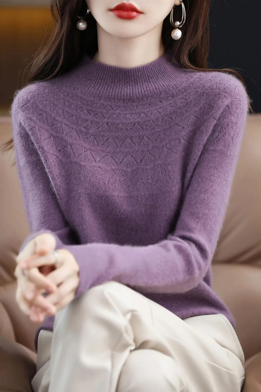 100% Merino Wool Sweaters Women's Fall Winter Warm Soft Knitted Loose Pullover Turtleneck Long Sleeves