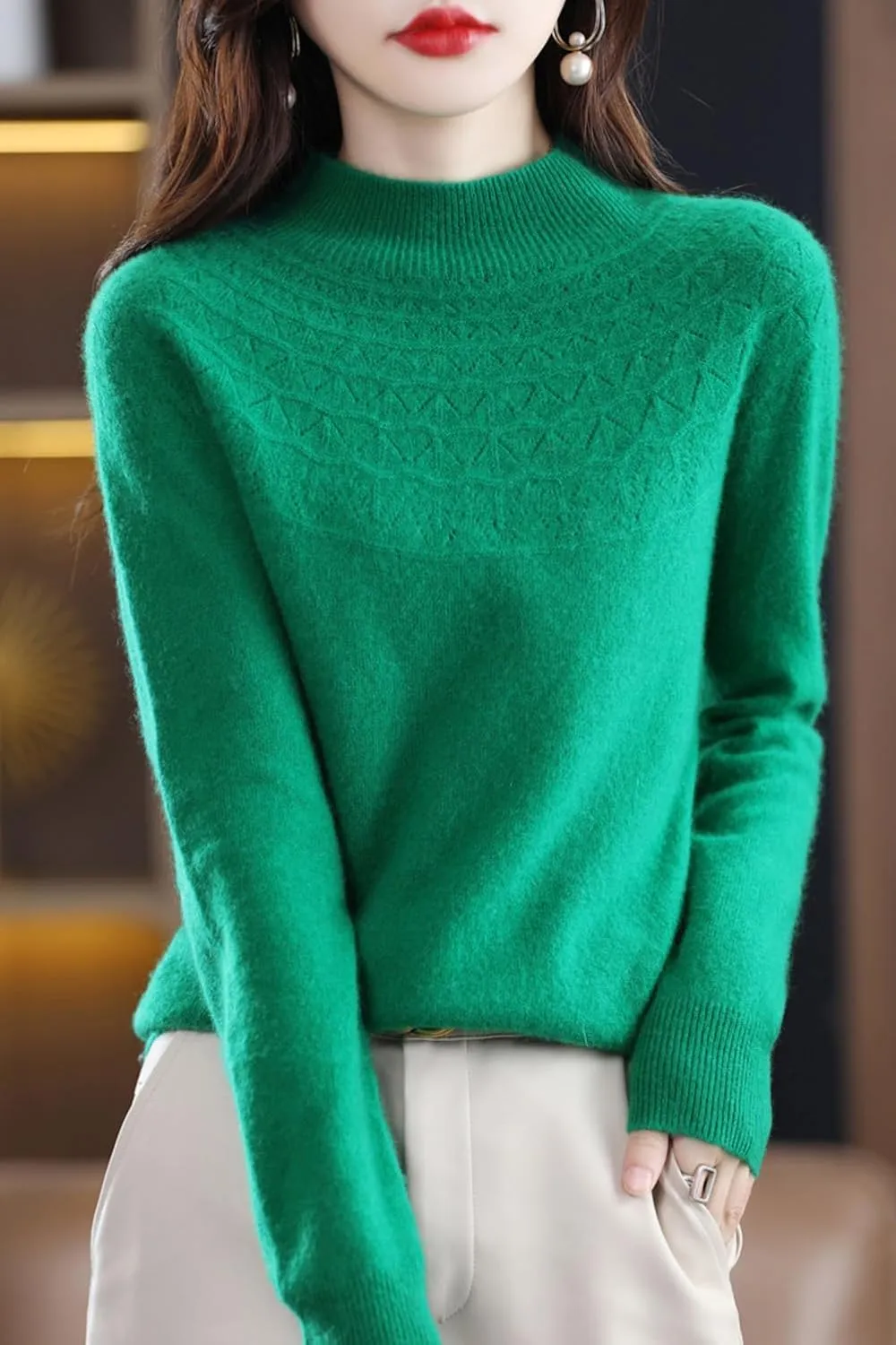 100% Merino Wool Sweaters Women's Fall Winter Warm Soft Knitted Loose Pullover Turtleneck Long Sleeves
