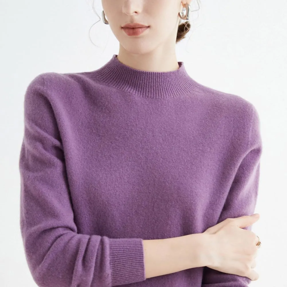 100% Merino Wool Sweaters Women's Fall Winter Warm Soft Knitted Loose Pullover Turtleneck Long Sleeves