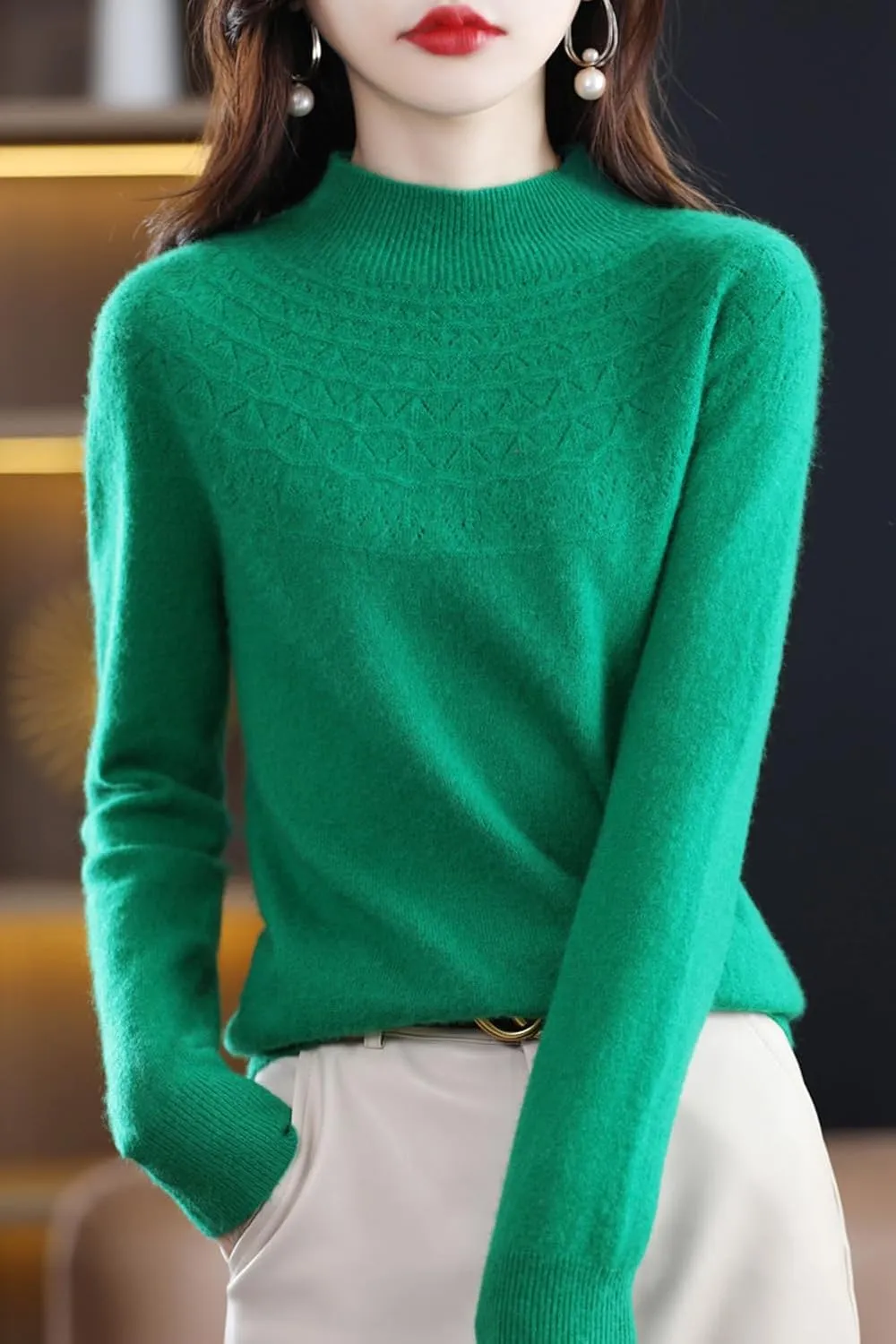 100% Merino Wool Sweaters Women's Fall Winter Warm Soft Knitted Loose Pullover Turtleneck Long Sleeves