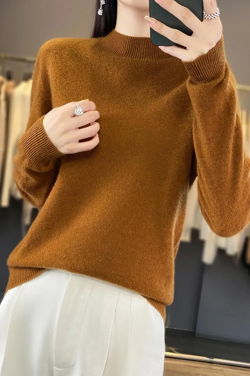 100% Merino Wool Sweaters Women's Fall Winter Warm Soft Knitted Loose Pullover Turtleneck Long Sleeves
