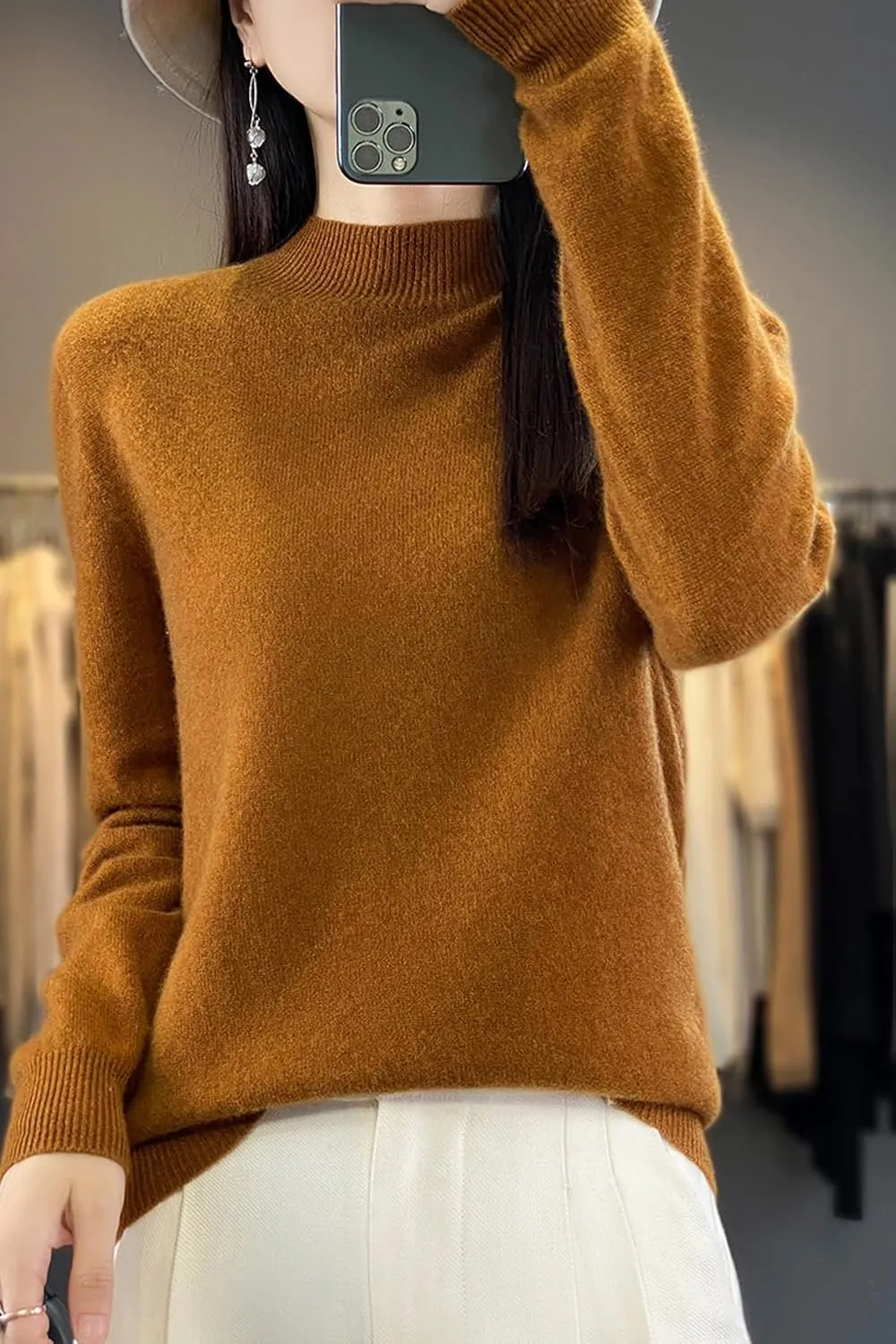100% Merino Wool Sweaters Women's Fall Winter Warm Soft Knitted Loose Pullover Turtleneck Long Sleeves