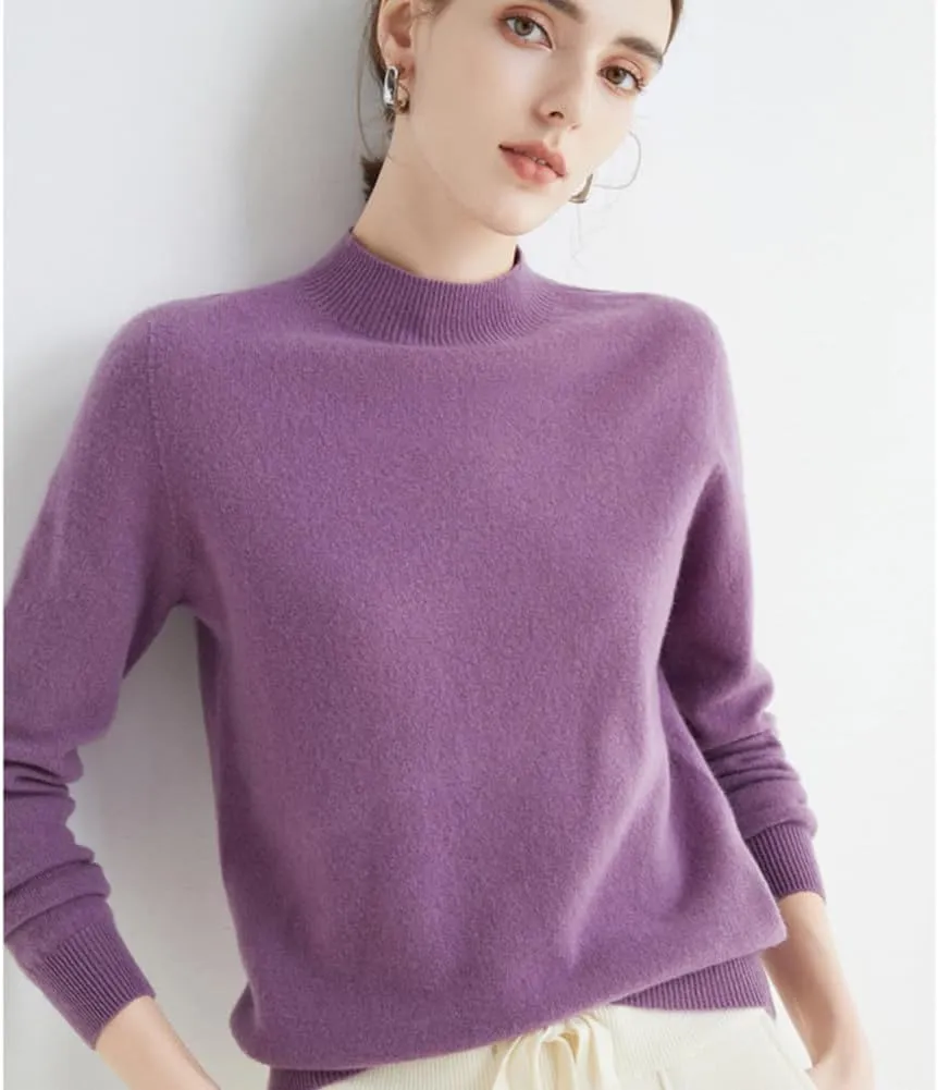 100% Merino Wool Sweaters Women's Fall Winter Warm Soft Knitted Loose Pullover Turtleneck Long Sleeves