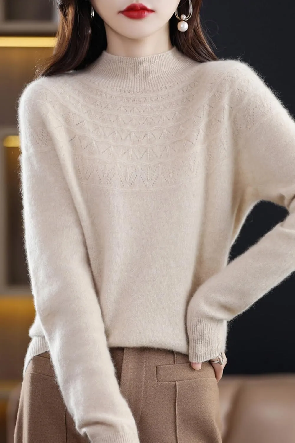100% Merino Wool Sweaters Women's Fall Winter Warm Soft Knitted Loose Pullover Turtleneck Long Sleeves