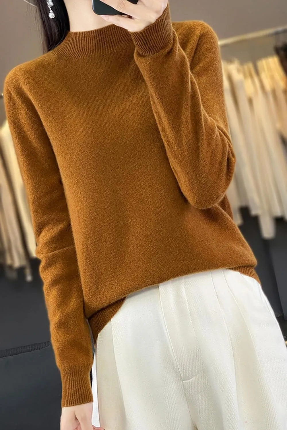 100% Merino Wool Sweaters Women's Fall Winter Warm Soft Knitted Loose Pullover Turtleneck Long Sleeves
