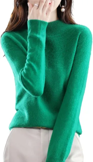 100% Merino Wool Sweaters Women's Fall Winter Warm Soft Knitted Loose Pullover Turtleneck Long Sleeves