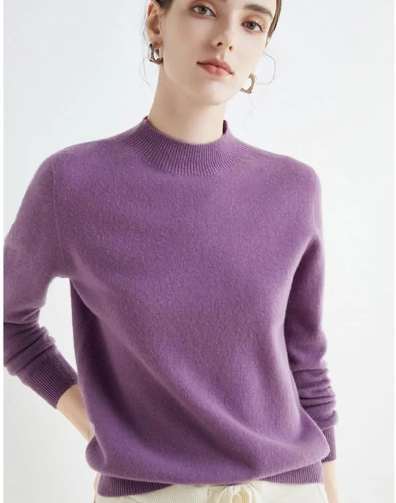 100% Merino Wool Sweaters Women's Fall Winter Warm Soft Knitted Loose Pullover Turtleneck Long Sleeves