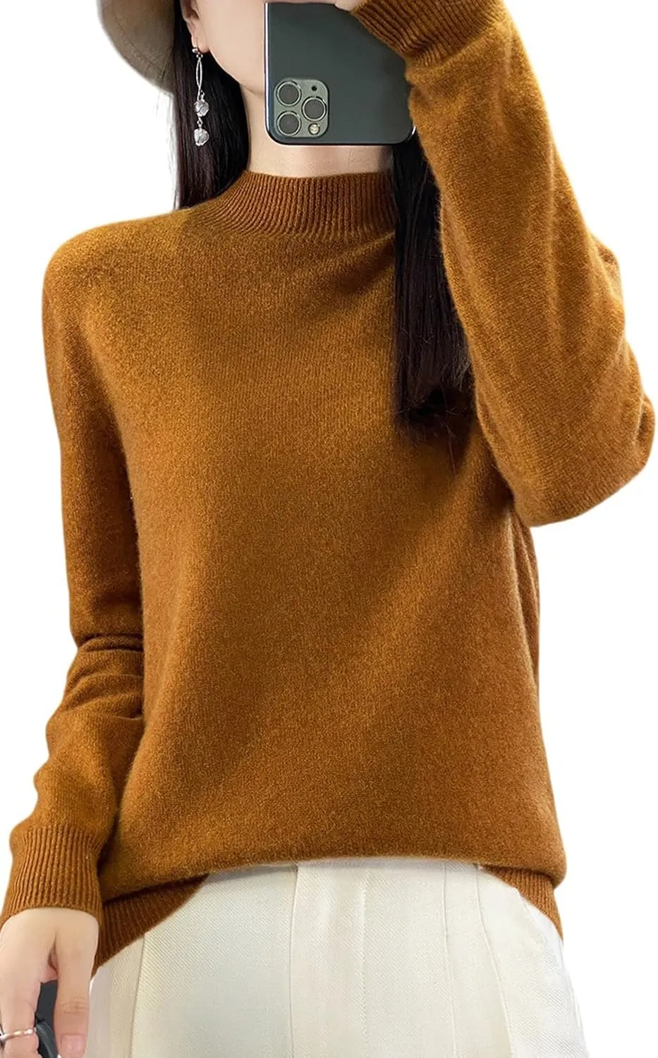 100% Merino Wool Sweaters Women's Fall Winter Warm Soft Knitted Loose Pullover Turtleneck Long Sleeves