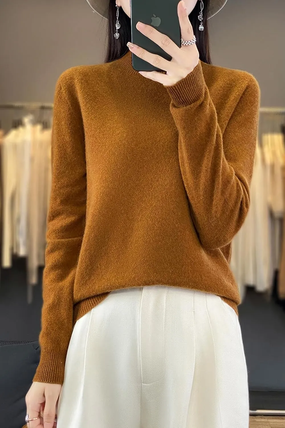100% Merino Wool Sweaters Women's Fall Winter Warm Soft Knitted Loose Pullover Turtleneck Long Sleeves