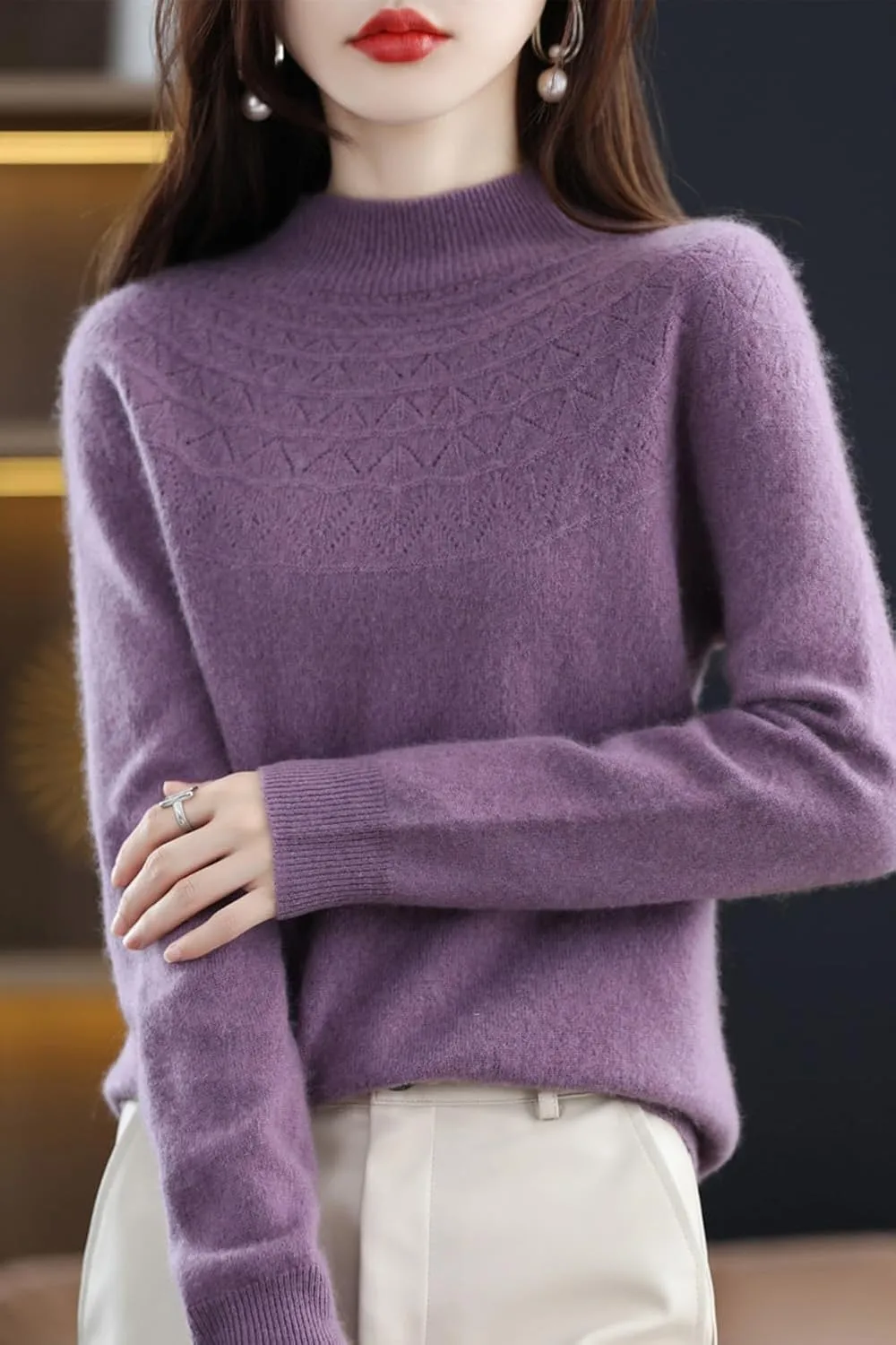 100% Merino Wool Sweaters Women's Fall Winter Warm Soft Knitted Loose Pullover Turtleneck Long Sleeves