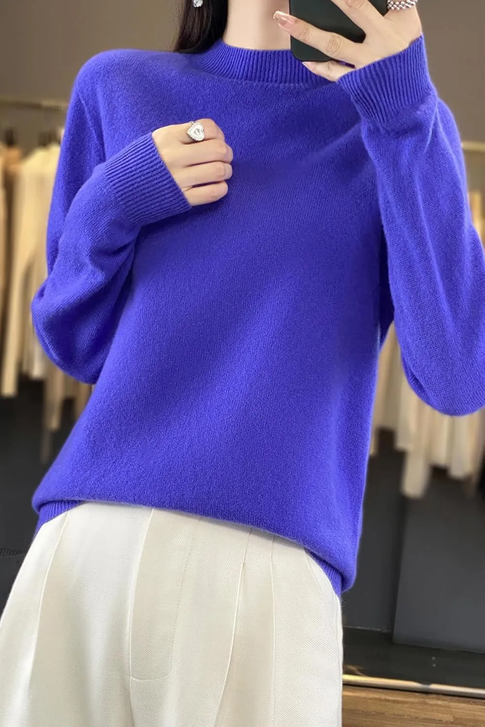 100% Merino Wool Sweaters Women's Fall Winter Warm Soft Knitted Loose Pullover Turtleneck Long Sleeves