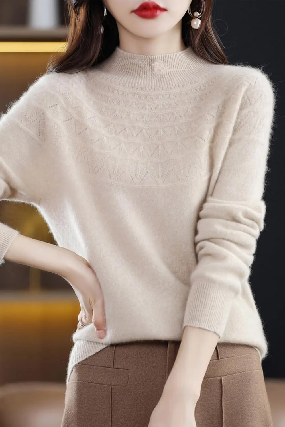 100% Merino Wool Sweaters Women's Fall Winter Warm Soft Knitted Loose Pullover Turtleneck Long Sleeves