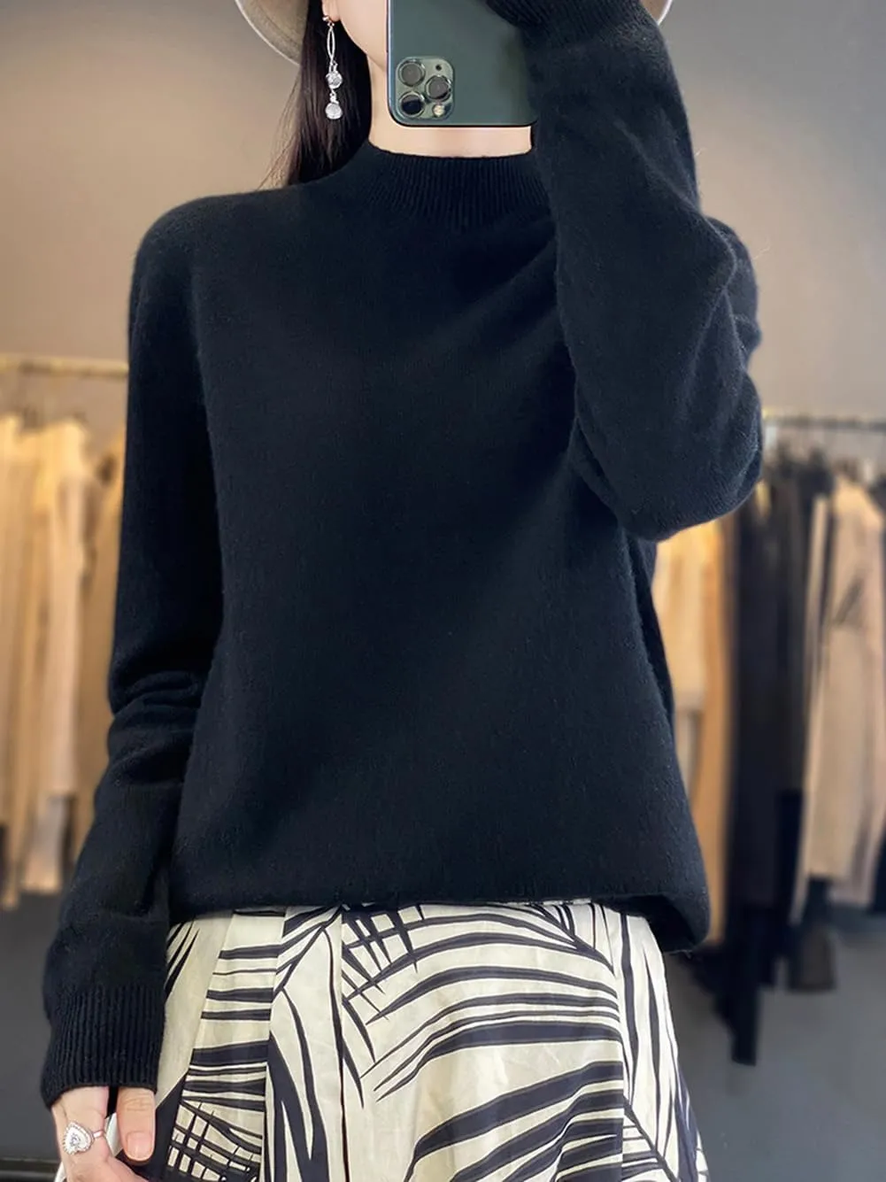 100% Merino Wool Sweaters Women's Fall Winter Warm Soft Knitted Loose Pullover Turtleneck Long Sleeves