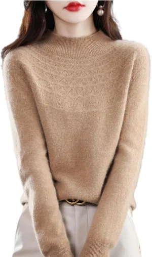 100% Merino Wool Sweaters Women's Fall Winter Warm Soft Knitted Loose Pullover Turtleneck Long Sleeves