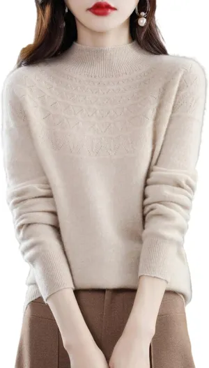 100% Merino Wool Sweaters Women's Fall Winter Warm Soft Knitted Loose Pullover Turtleneck Long Sleeves