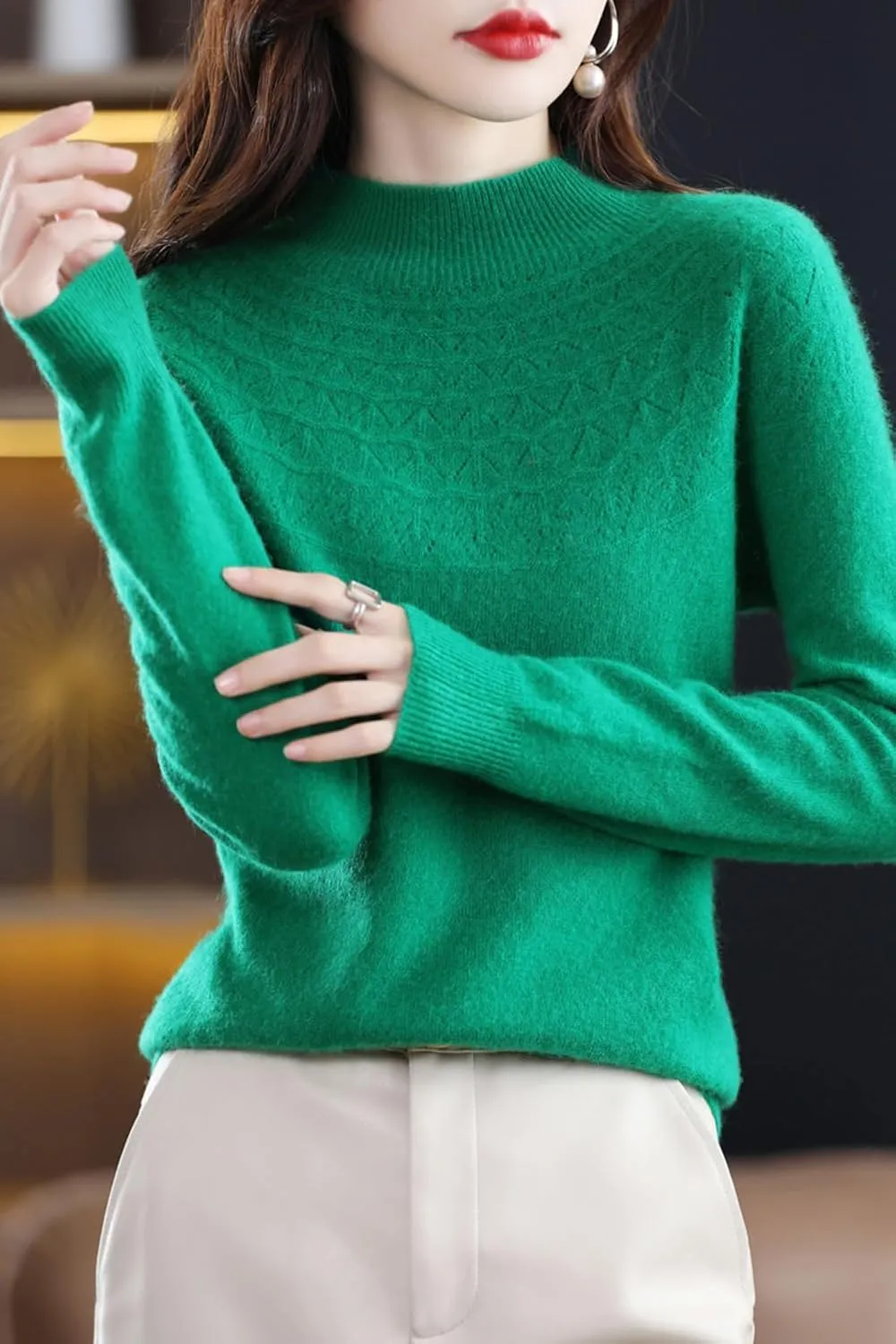 100% Merino Wool Sweaters Women's Fall Winter Warm Soft Knitted Loose Pullover Turtleneck Long Sleeves