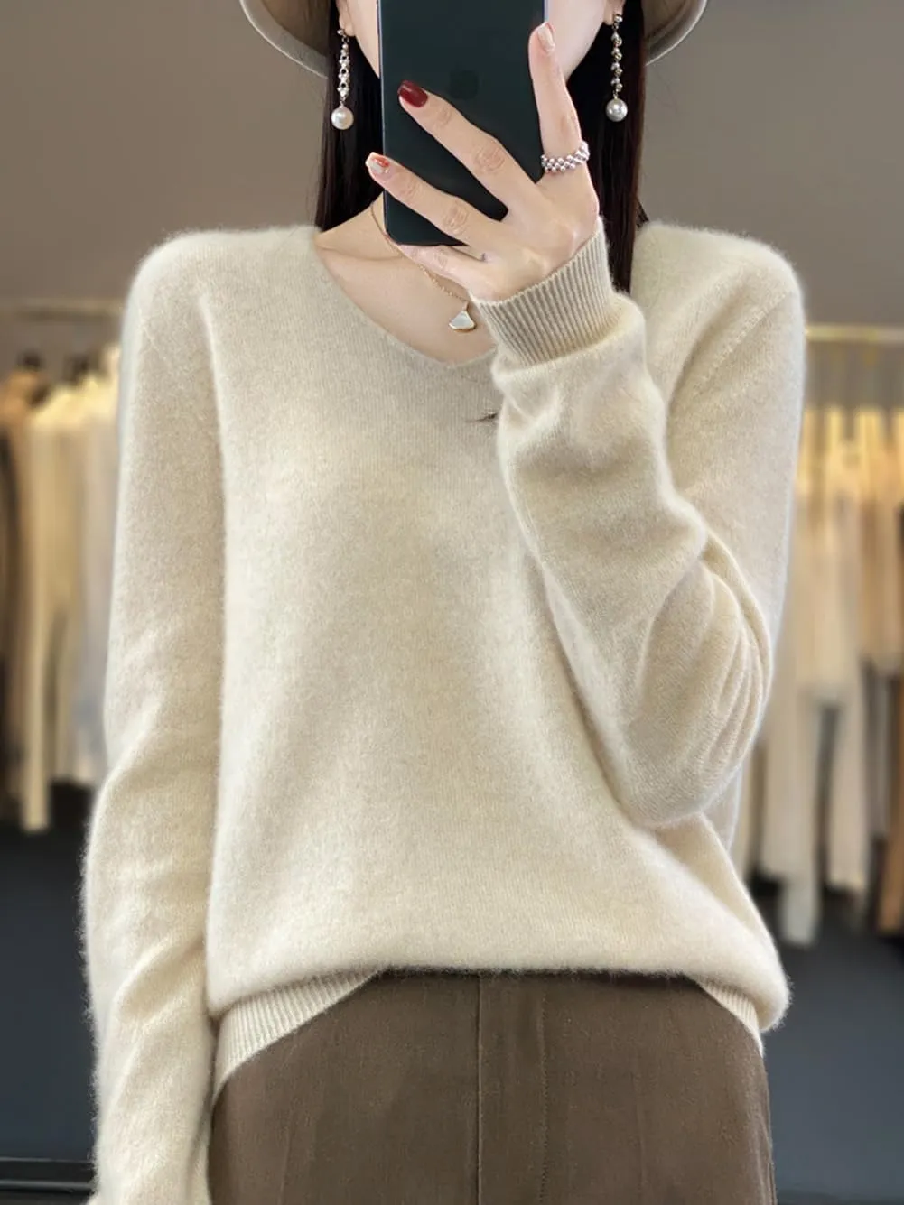 100% Merino Wool Sweaters Women's Female Fall Winter Warm Soft Knitted Loose Pullover V-Neck Long Sleeves(201)