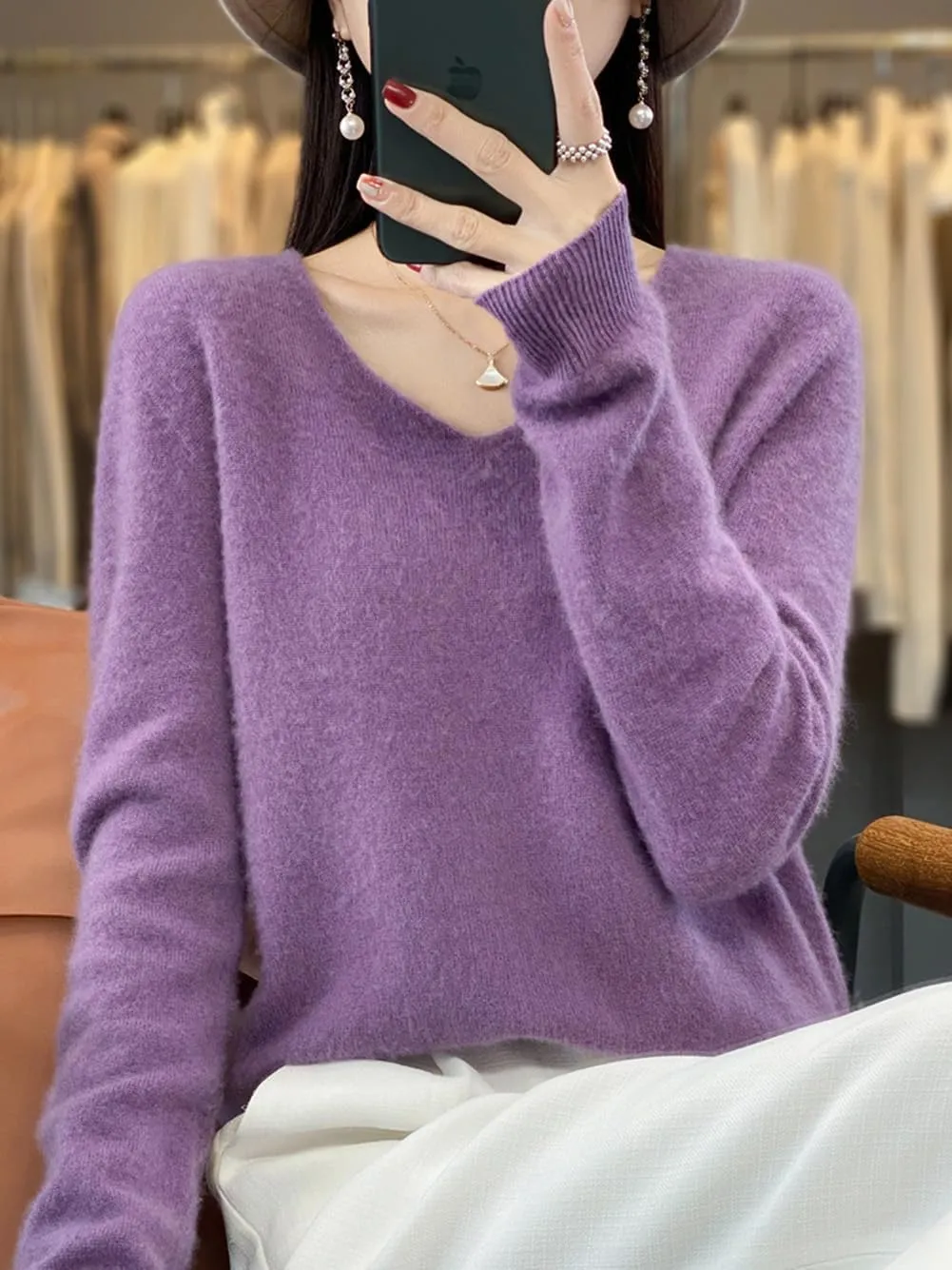 100% Merino Wool Sweaters Women's Female Fall Winter Warm Soft Knitted Loose Pullover V-Neck Long Sleeves(201)