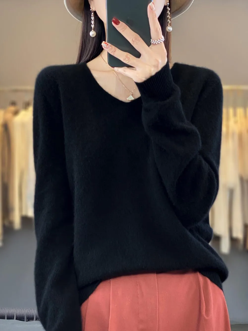 100% Merino Wool Sweaters Women's Female Fall Winter Warm Soft Knitted Loose Pullover V-Neck Long Sleeves(201)