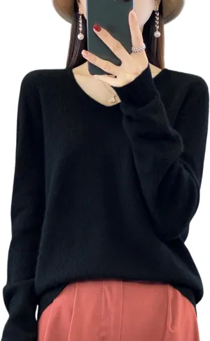 100% Merino Wool Sweaters Women's Female Fall Winter Warm Soft Knitted Loose Pullover V-Neck Long Sleeves(201)