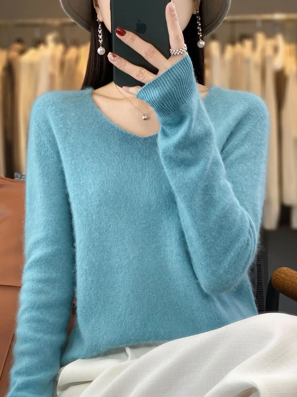 100% Merino Wool Sweaters Women's Female Fall Winter Warm Soft Knitted Loose Pullover V-Neck Long Sleeves(201)