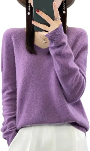 100% Merino Wool Sweaters Women's Female Fall Winter Warm Soft Knitted Loose Pullover V-Neck Long Sleeves(201)