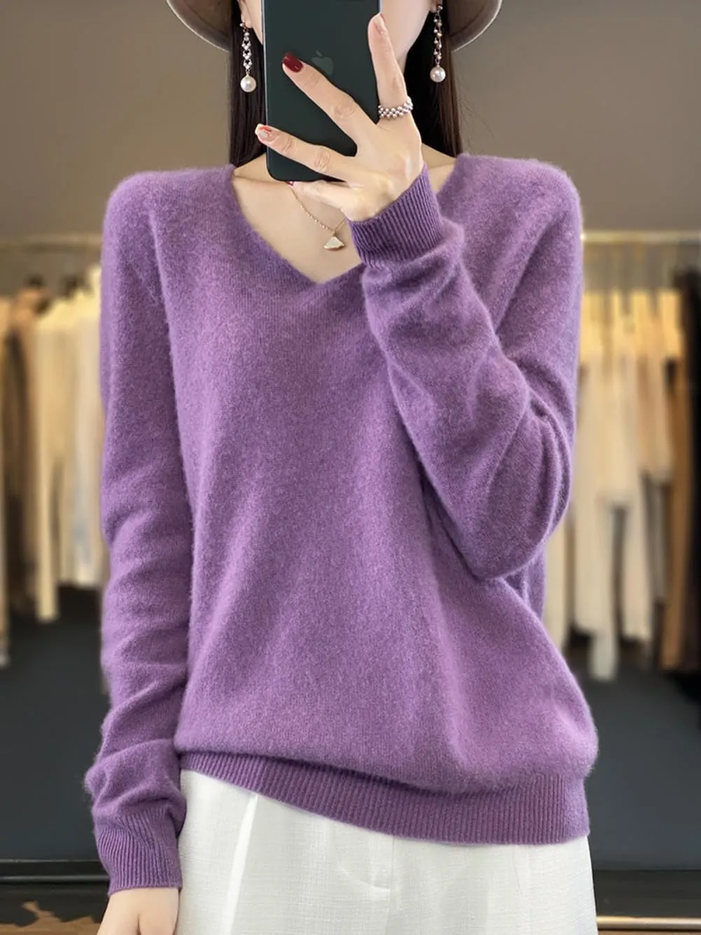 100% Merino Wool Sweaters Women's Female Fall Winter Warm Soft Knitted Loose Pullover V-Neck Long Sleeves(201)