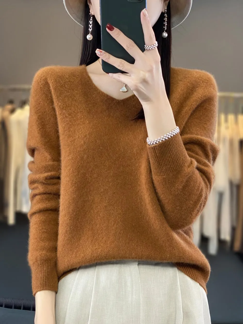 100% Merino Wool Sweaters Women's Female Fall Winter Warm Soft Knitted Loose Pullover V-Neck Long Sleeves(201)