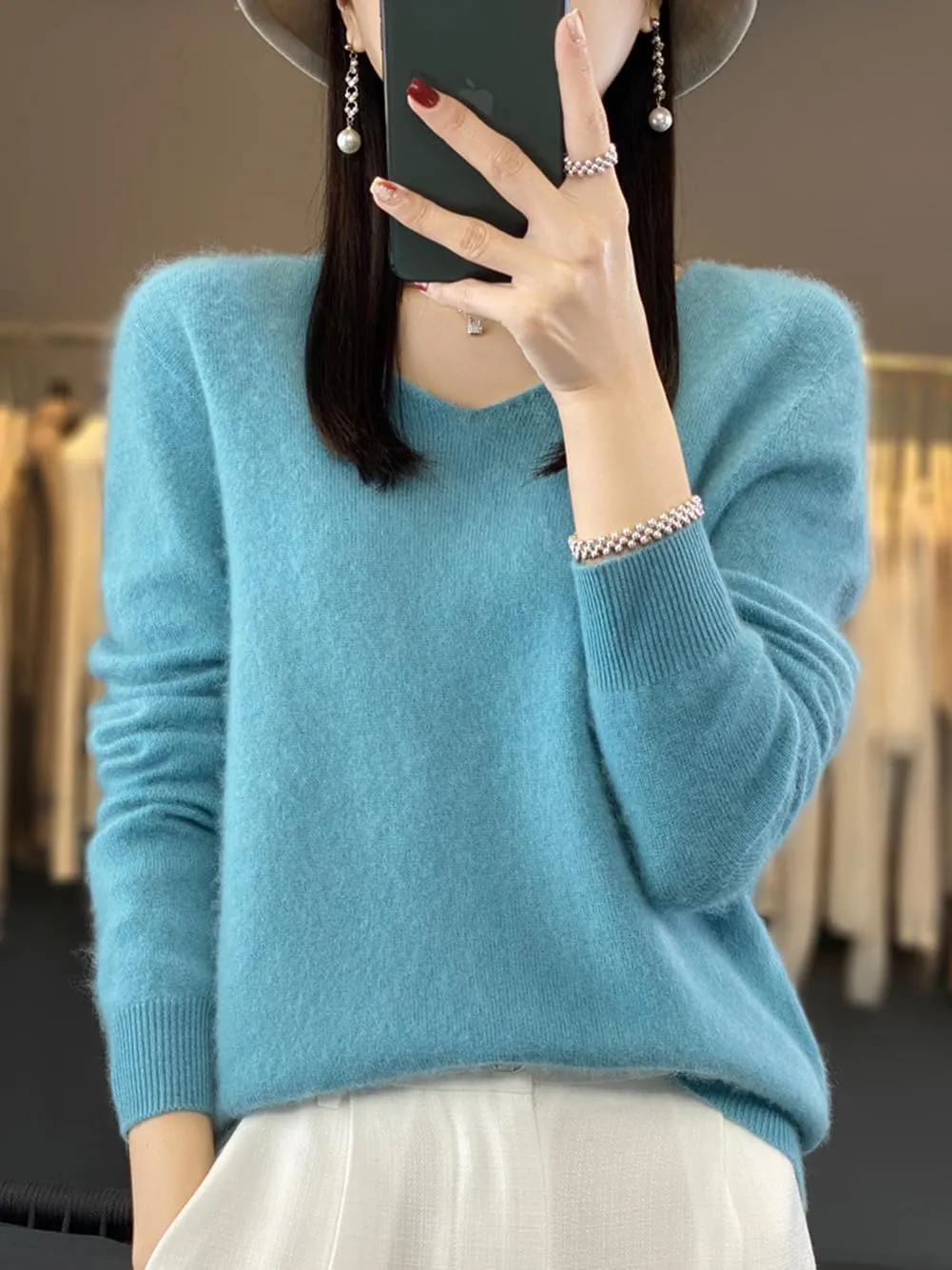 100% Merino Wool Sweaters Women's Female Fall Winter Warm Soft Knitted Loose Pullover V-Neck Long Sleeves(201)