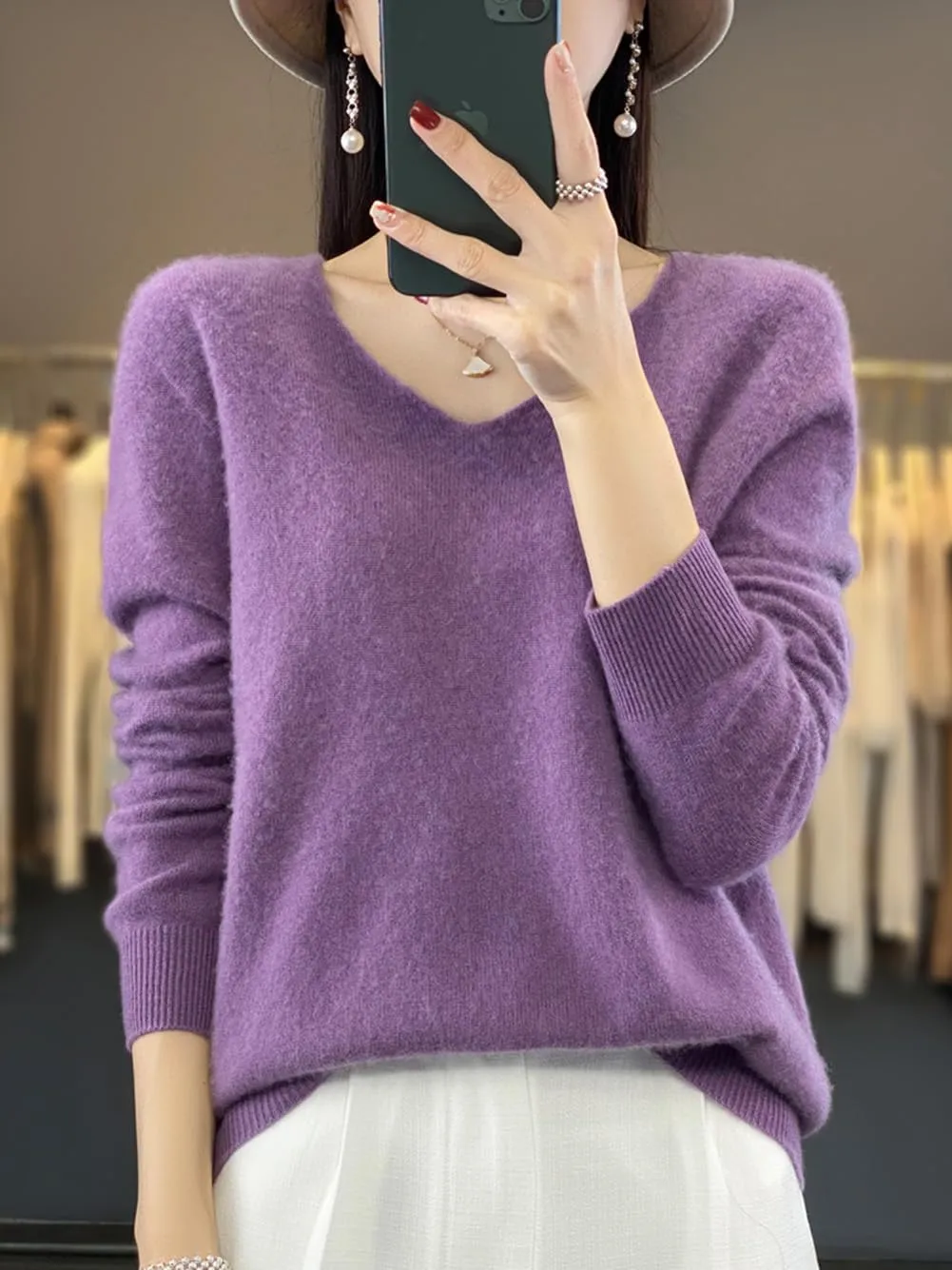 100% Merino Wool Sweaters Women's Female Fall Winter Warm Soft Knitted Loose Pullover V-Neck Long Sleeves(201)